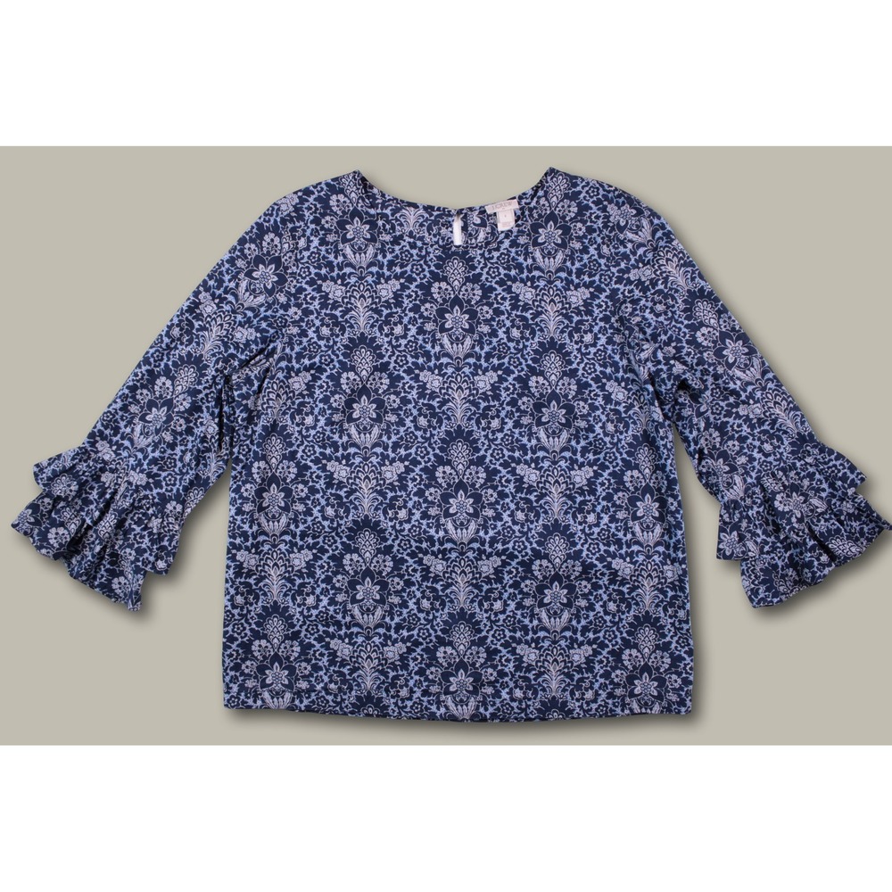 J.Crew Floral Damask Double Ruffle Bell Sleeve Top Blue Boho Cottagecore Size 8